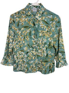 Emma James Petite Floral Button-Up Ruffle Detail Blouse Green & Yellow Size 4